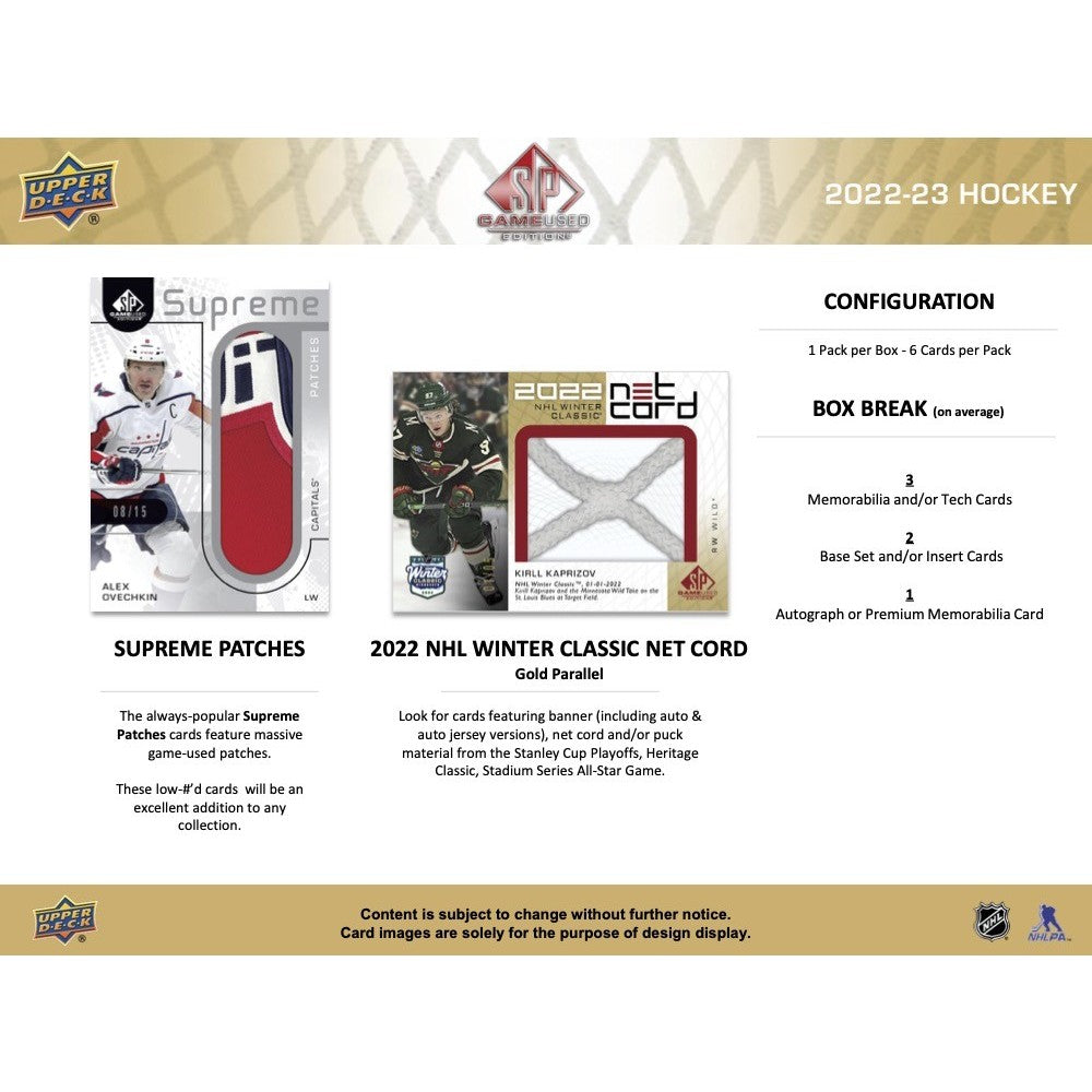 LIVE OPENING 2022-2023 UPPER DECK SP GAME USED HOCKEY HOBBY BOX