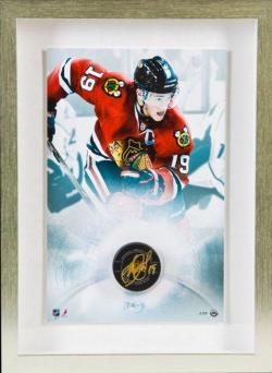 JONATHAN TOEWS AUTO FRAME BLACKHAWKS PUCK